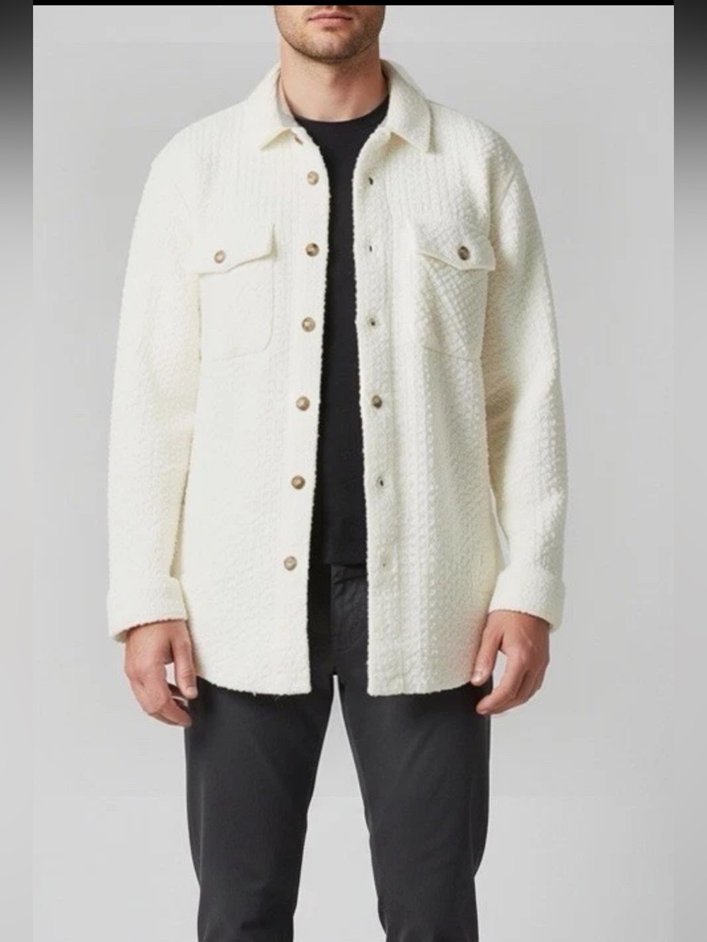 Amongst Others Men’s Waffle Texture Cotton Shirt Jacket Cream Medium